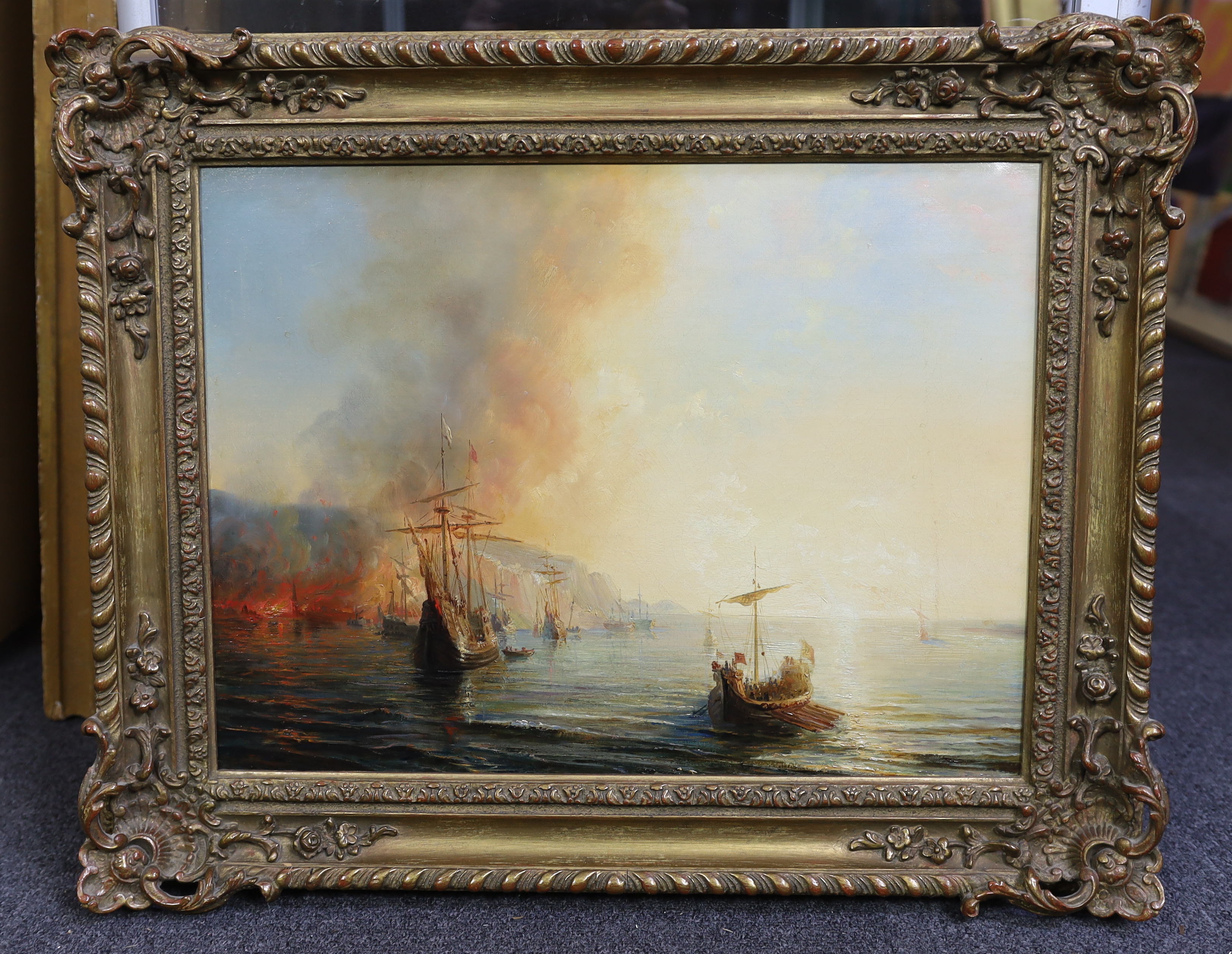 Henriette Hermione Gudin (French, 1825-1876), Fire on the coast, oil on canvas, 36 x 48cm